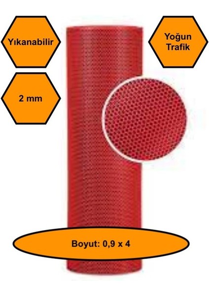 Kırmızı Petek Mat Pvc Kaydırmaz Petek Paspas, 0,9x4 Metre