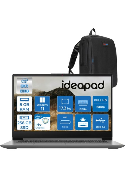 Ideapad 3 17IAU7 Intel Core I5-1235U 8gb 256GB SSD Windows 11 Home Intel® UHD Graphics IPS 17.3 Inç Fullhd 300NITS Taşınabilir Bilgisayar 82RL00CLTXH01 + Zetta Çanta