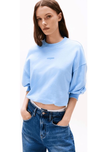 Kadın Crop Script Logolu Sweatshirt - Mavi