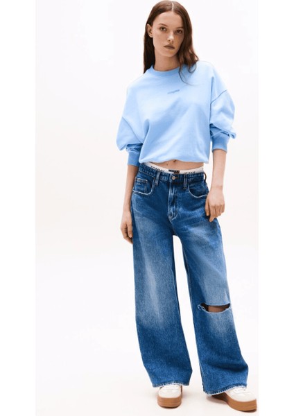 Kadın Crop Script Logolu Sweatshirt - Mavi fiyatları