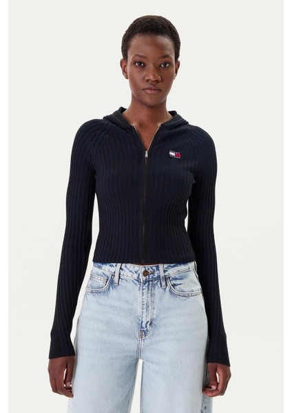 Kadın Zipper Cardigan Kapüşonlu Hırka - Siyah