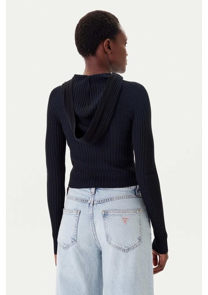 Kadın Zipper Cardigan Kapüşonlu Hırka - Siyah fiyatları