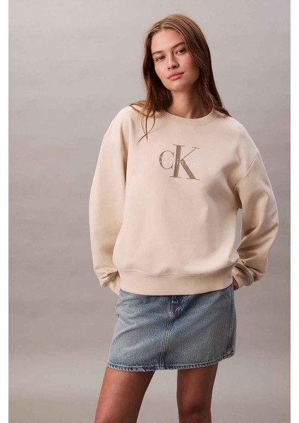 Kadın Ls Monologo Relaxed Fit Sweatshirt - Bej