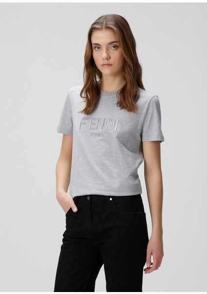 Gri Logo Nakışlı T-Shirt