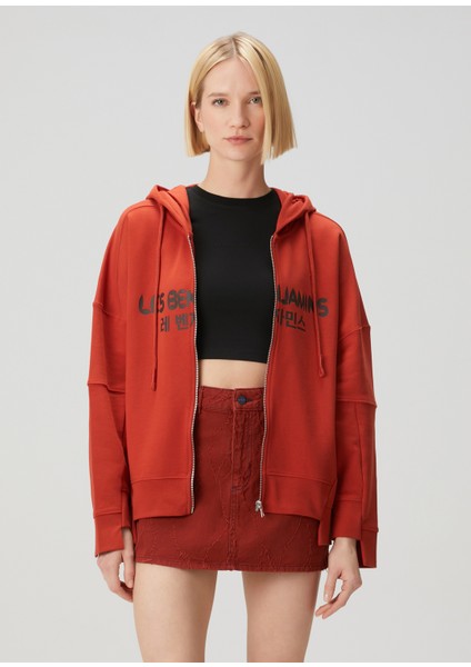 Relaxed Kiremit Kapüşonlu Fermuarlı Sweatshirt