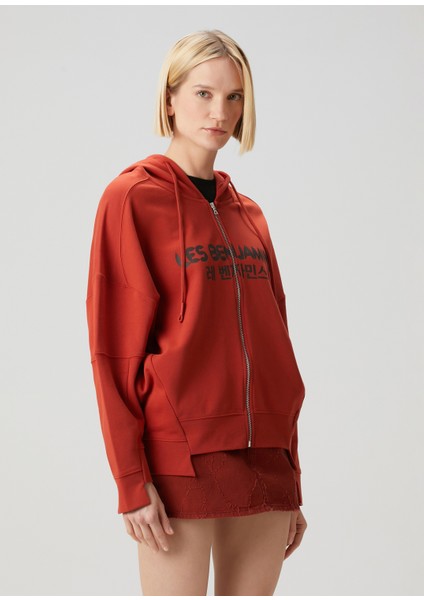 Relaxed Kiremit Kapüşonlu Fermuarlı Sweatshirt