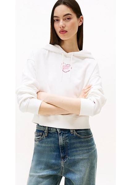 Kadın Relaxed Fit Sırtı Kalp Baskılı Cropped Sweatshirt - Ekru
