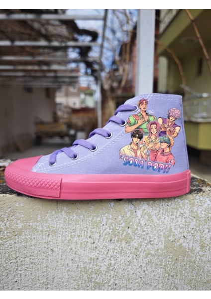 Mor Pembe Taban Soda K Pop Baskılı Bağcıklı Çocuk Spor Ayakkabı Sneaker