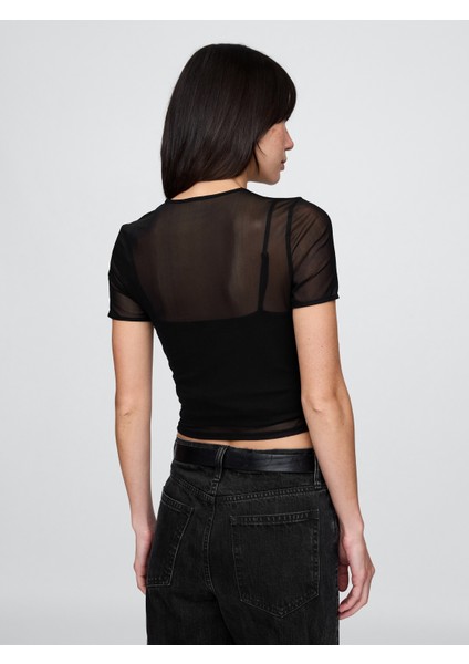 Kadın Siyah Transparan Crop T-Shirt modelleri