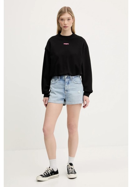 Kadın Crop Script Logolu Sweatshirt - Siyah modelleri