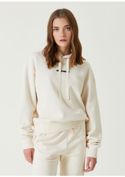 Krem Kapüşonlu Logolu Sweatshirt