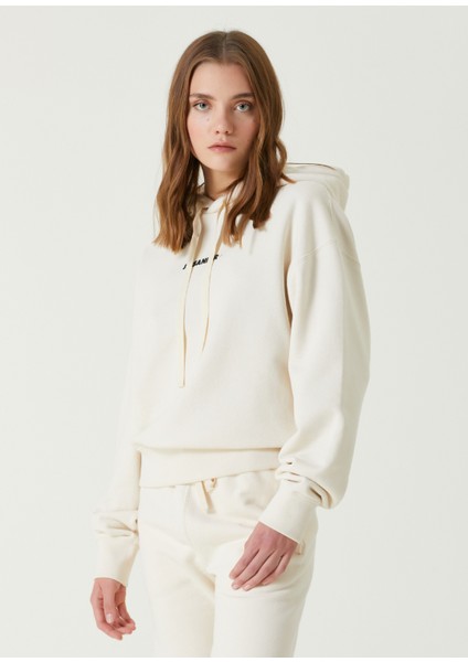 Krem Kapüşonlu Logolu Sweatshirt