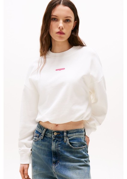Kadın Crop Script Logolu Sweatshirt - Ekru