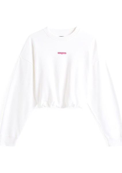 Kadın Crop Script Logolu Sweatshirt - Ekru fırsatları