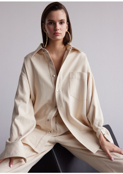 Yıkamalı Gabardin Ekru Oversize Kadın Gömlek