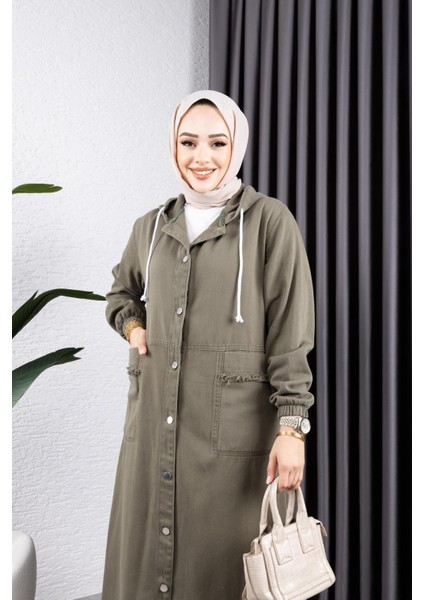 Kadın Düğmeli Kapüşonlu Cep Püsküllü Kot Kap fırsatları