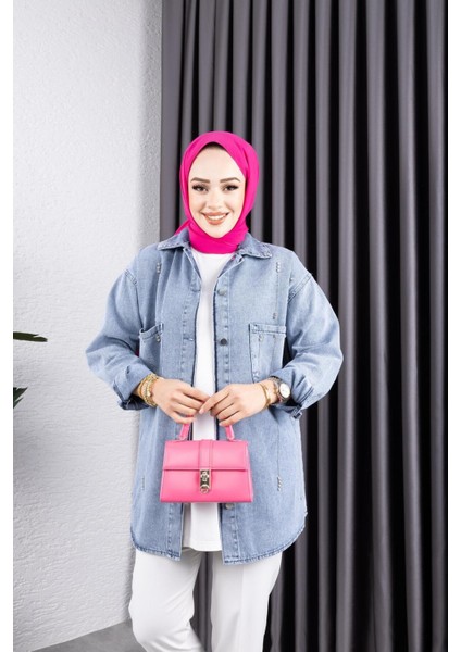 Kadın Taş Detaylı Kar Yıkamalı Denim Kot Ceket