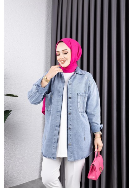 Kadın Taş Detaylı Kar Yıkamalı Denim Kot Ceket