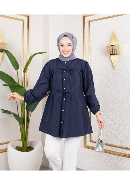 Kadın Düğmeli Bağlamalı Lacivert Gömlek