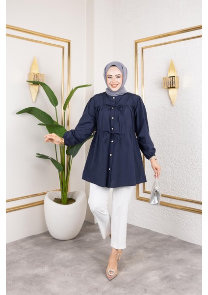 Kadın Düğmeli Bağlamalı Lacivert Gömlek modelleri