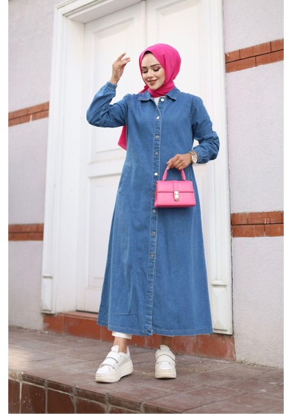 Kadın Kot Cepli Düğmeli Denim Kap