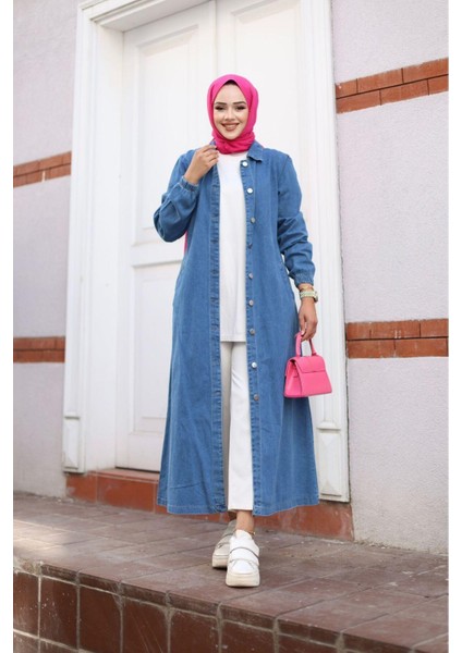Kadın Kot Cepli Düğmeli Denim Kap