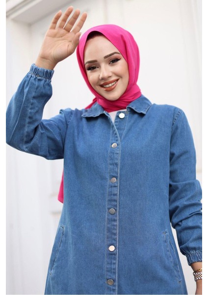 Kadın Kot Cepli Düğmeli Denim Kap