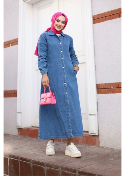 Kadın Kot Cepli Düğmeli Denim Kap