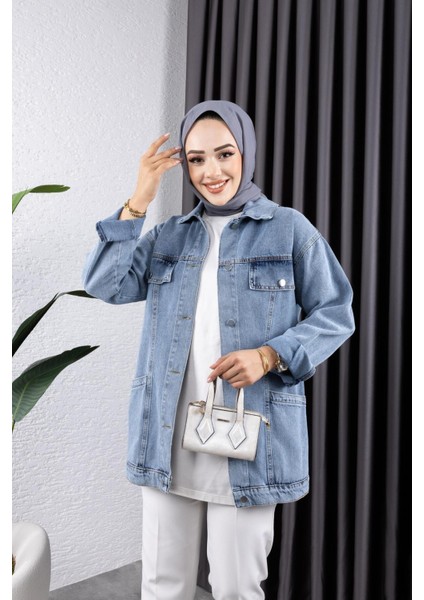 Kadın Cep Detaylı Denim Kot Ceket