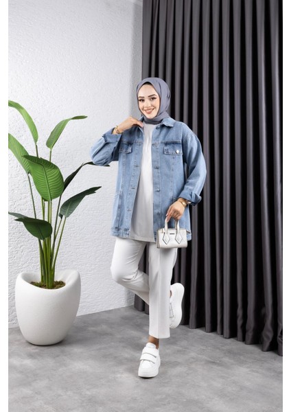 Kadın Cep Detaylı Denim Kot Ceket