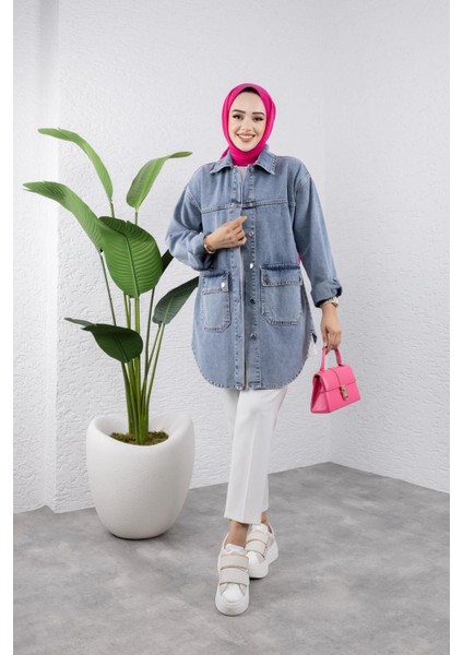 Kadın Cep Detaylı Düğmeli Denim Kot Ceket modelleri