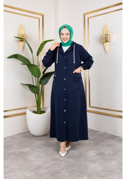 Kadın Düğmeli Kapüşonlu Cep Püsküllü Lacivert Kot Kap