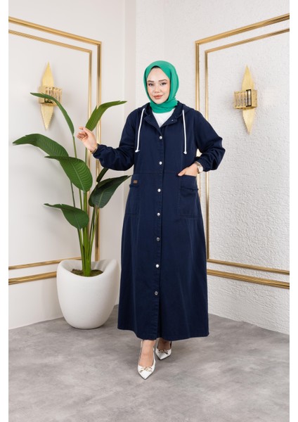 Kadın Düğmeli Kapüşonlu Cep Püsküllü Lacivert Kot Kap fiyatları