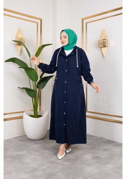 Kadın Düğmeli Kapüşonlu Cep Püsküllü Lacivert Kot Kap modelleri