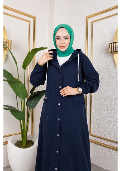 Kadın Düğmeli Kapüşonlu Cep Püsküllü Lacivert Kot Kap fırsatları