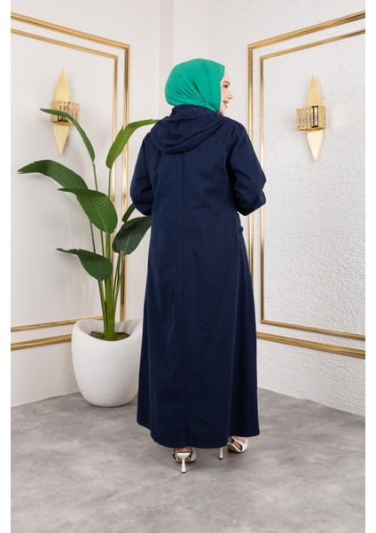 Kadın Düğmeli Kapüşonlu Cep Püsküllü Lacivert Kot Kap indirimleri