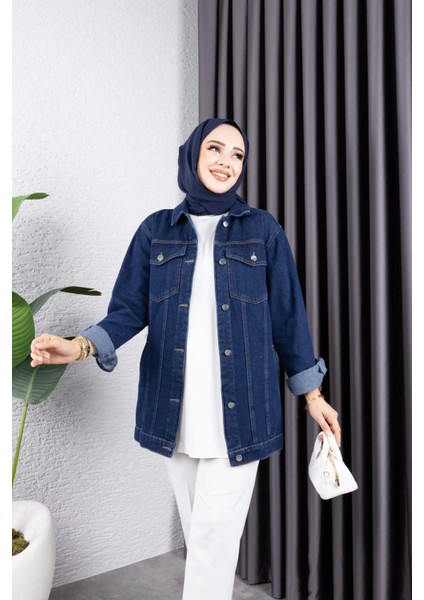 Kadın Siyah Kar Yıkamalı Cepli Denim Kot Ceket