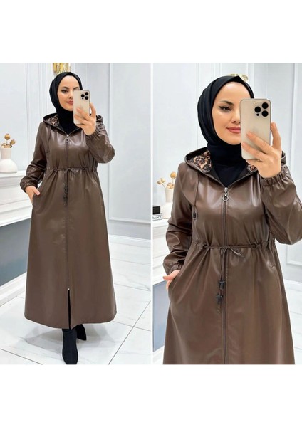 Kadın Kapüşonlu Uzun Deri Kap