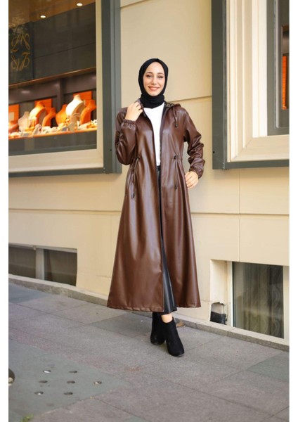 Kadın Kapüşonlu Uzun Deri Kap fırsatları