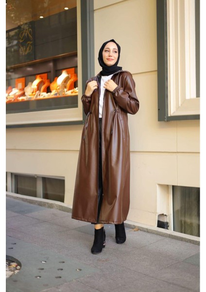 Kadın Kapüşonlu Uzun Deri Kap indirimleri