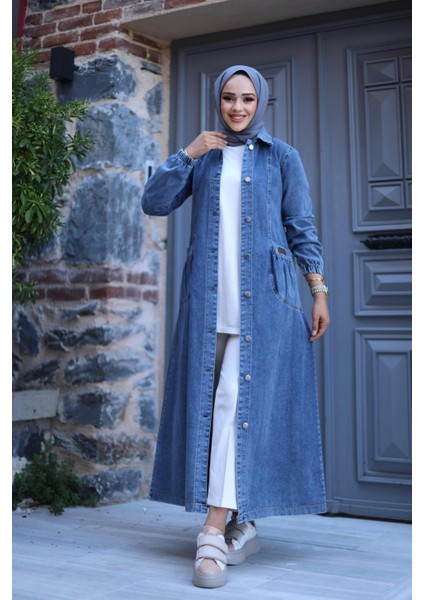 Kadın Düğmeli Cepli Kar Yıkamalı Denim Kot Kap