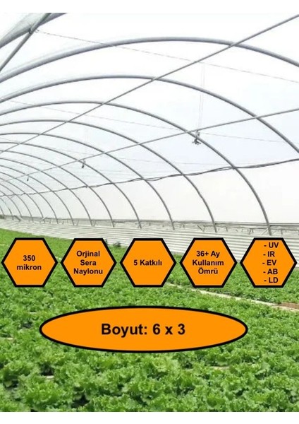 Sera Naylonu, 36 Aylık, 5 Katkılı, 350 Micron 6x3 Şeffaf Sera Örtüsü, Uv Dayanımlı, Ir, Ev, Ab, Ld