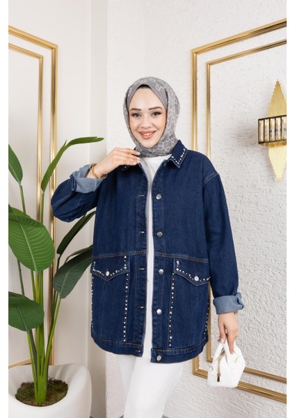 Kadın Cepli Taş Işleme Detaylı Denim Kot Ceket