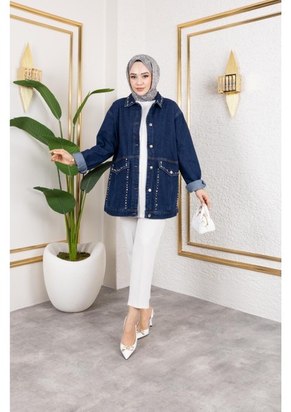 Kadın Cepli Taş Işleme Detaylı Denim Kot Ceket modelleri