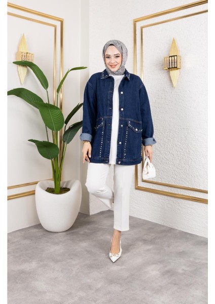 Kadın Cepli Taş Işleme Detaylı Denim Kot Ceket fırsatları