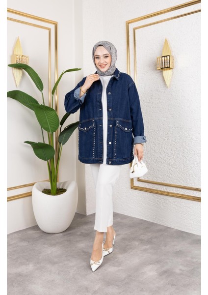 Kadın Cepli Taş Işleme Detaylı Denim Kot Ceket indirimleri