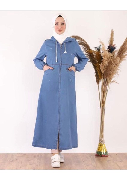 Kadın Cepli Fermuarlı Kapüşonlu Denim Kot Kap