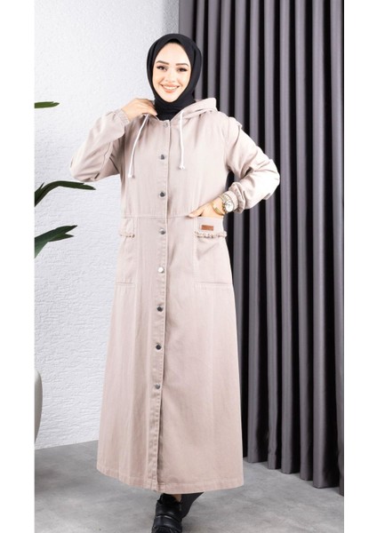 Kadın Düğmeli Kapüşonlu Cep Püsküllü Kot Kap