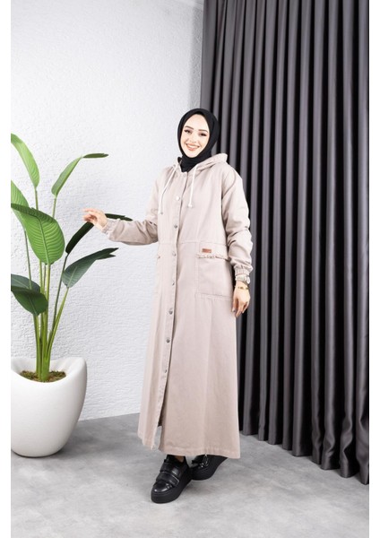 Kadın Düğmeli Kapüşonlu Cep Püsküllü Kot Kap modelleri