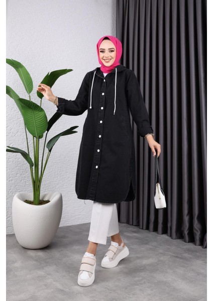 Kadın Kapüşonlu Uzun Kot Ceket